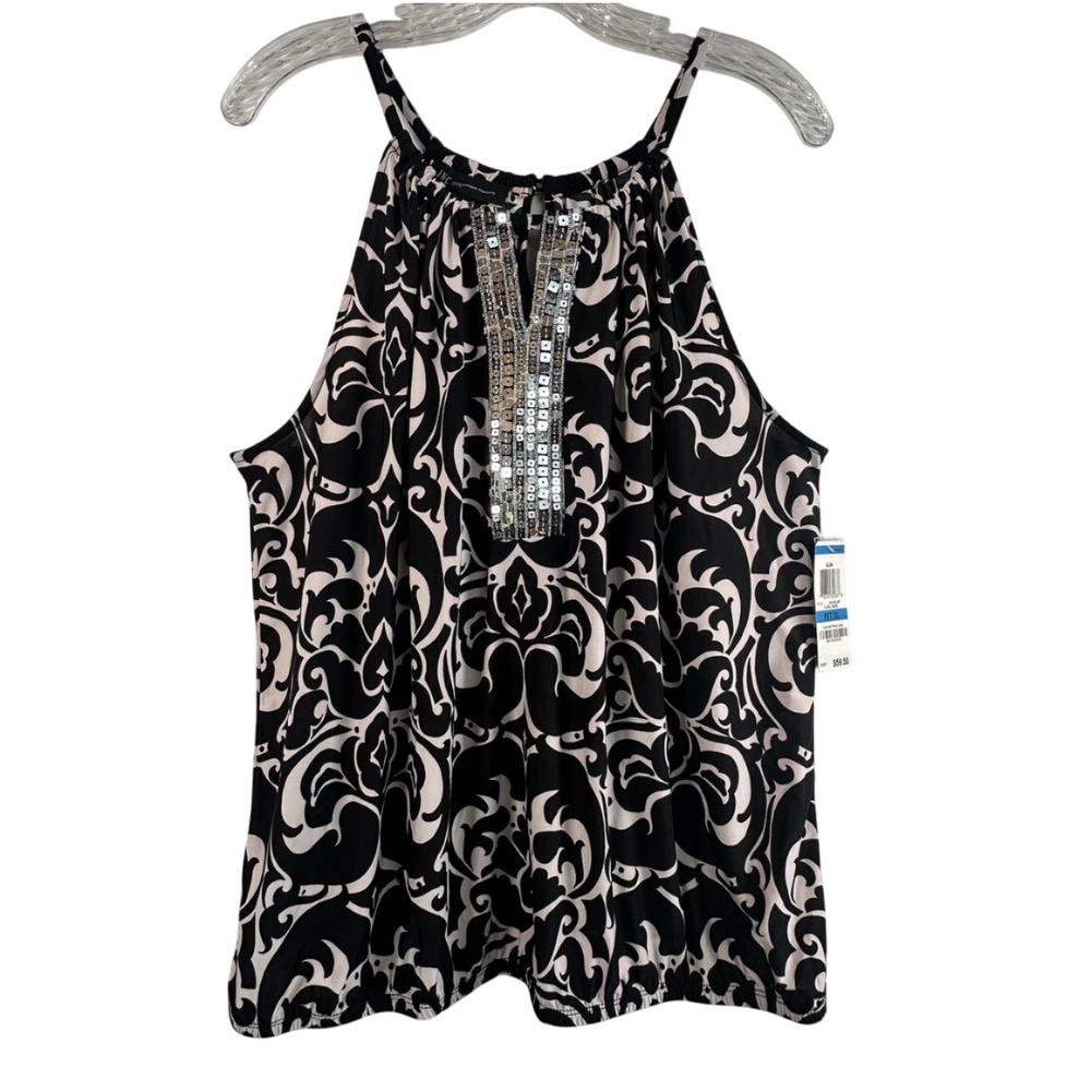 INC International Concepts Sequin Halter Top Black White Damask XL Petite NEW